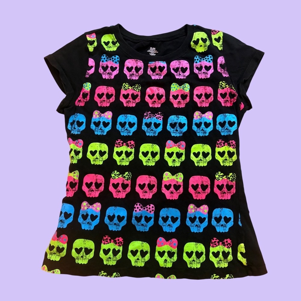 Y2K Neon Skull Heart Graphic Baby Tee Short Sleeve Top Scene #18